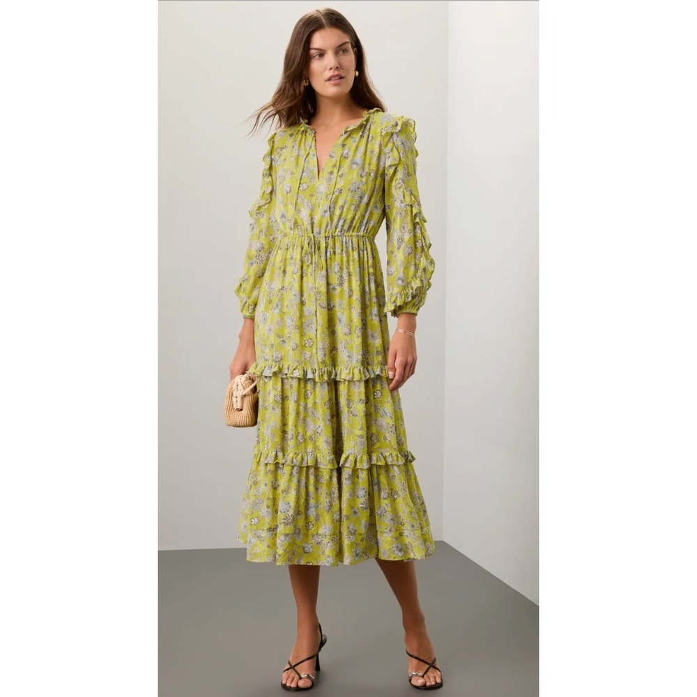 ALEXIS Auja Dress Size M Chartreuse Floral Tiered Midi Ruffle Boho Romantic